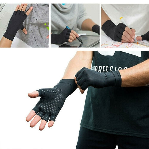 Black compression gloves being worn by a person in various activities.