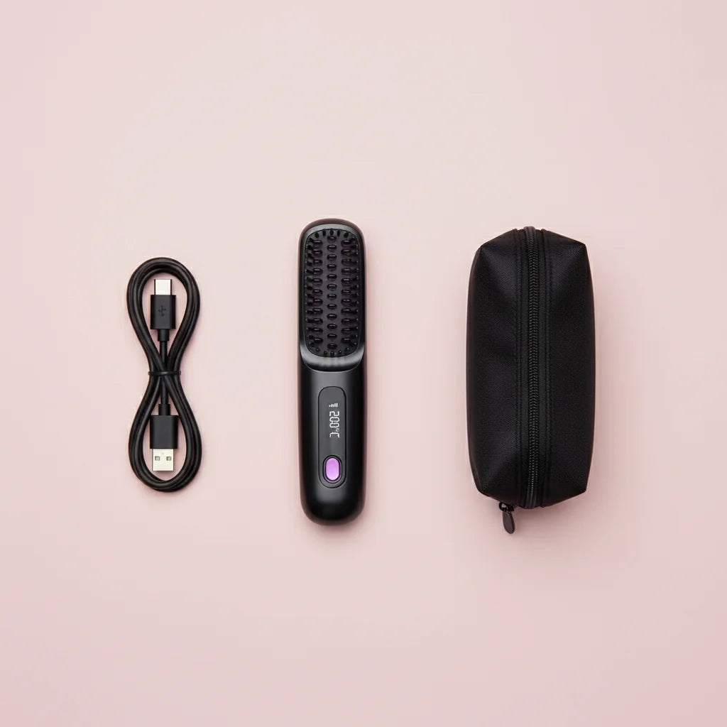 Cordless USB rechargeable hair straightener brush with digital LCD display