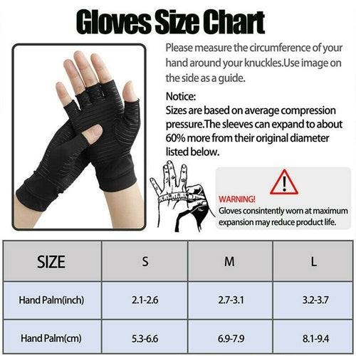 Gloves size chart with a hand wearing a glove and measurement guide.
